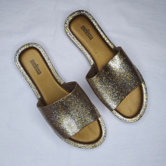 Melissa Jelly Sandal 5 Gold Metallic Sparkle Slip-On Flip Flop Rubber Waterproof - Picture 1 of 5